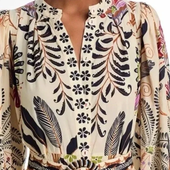 FARM RIO Nature Mini Dress Romantic Bead Belt Maximalist Puff Beige Size Medium - Picture 4 of 16